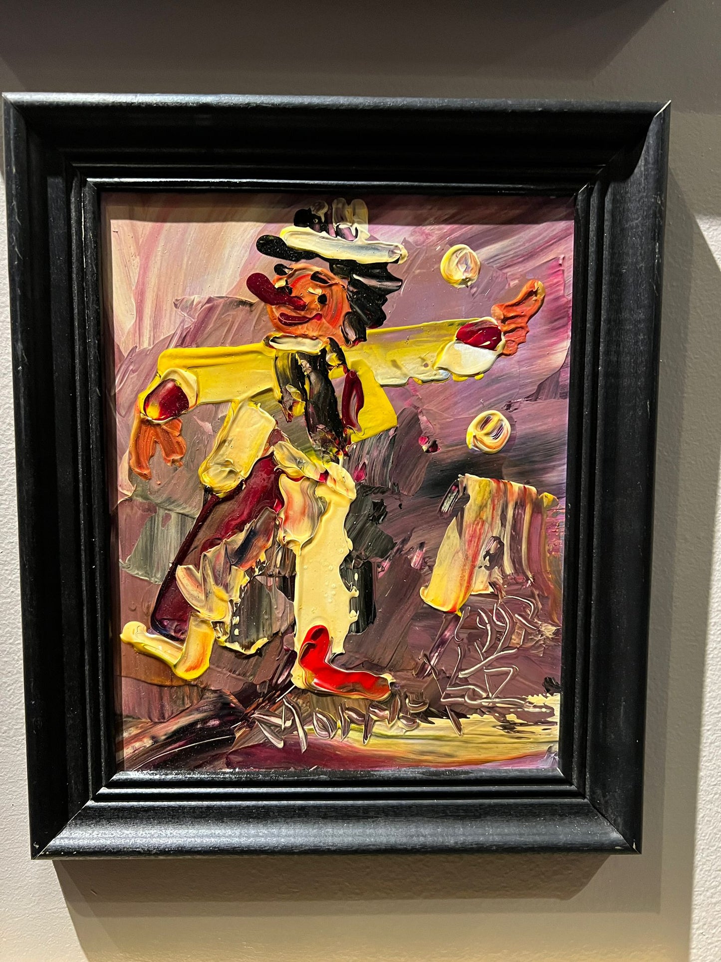 Morris Katz Painting - Clown on Purple Background in Black Frame